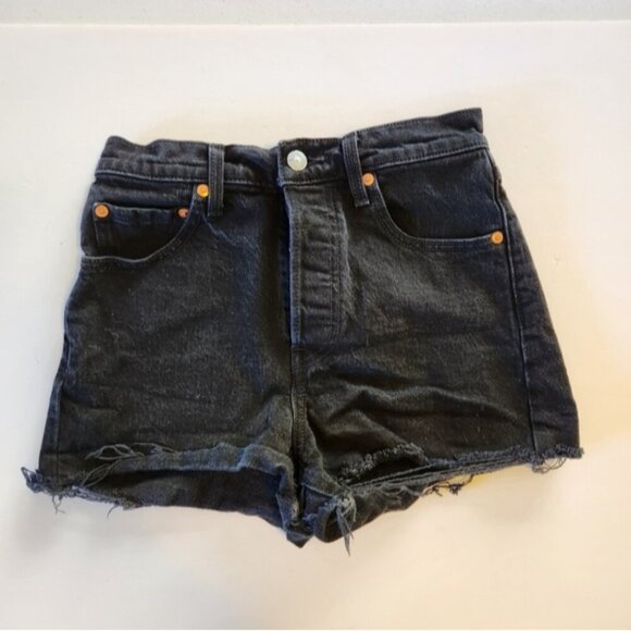 Levis Ribcage Button Fly Denim Jean Shorts Cutoffs Frayed Hem High Rise Black - Picture 5 of 10